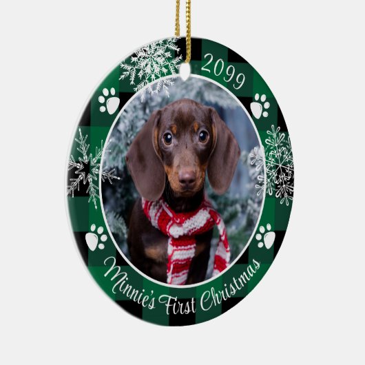 犬の初めてのクリスマススノーフレーク写真グリーンプレイド セラミックオーナメント (右)