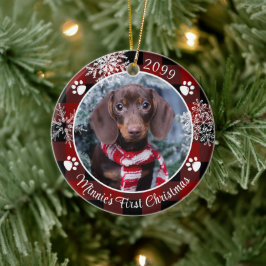 犬の初めてのクリスマススノーフレーク写真レッドプレイド セラミックオーナメント