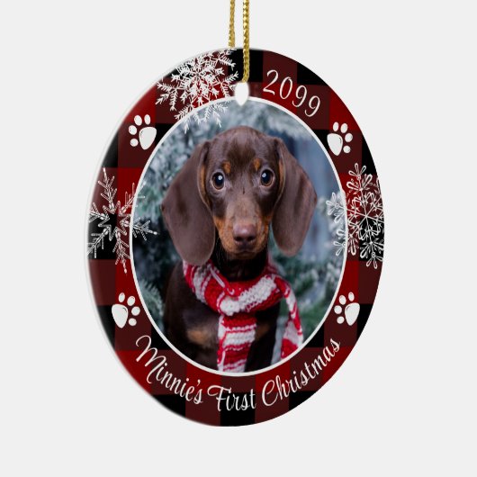 犬の初めてのクリスマススノーフレーク写真レッドプレイド セラミックオーナメント (右)