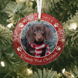犬の初めてのクリスマススノーフレーク写真レッドホワイト ガラスオーナメント