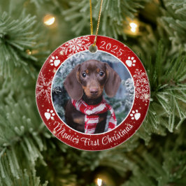 犬の初めてのクリスマススノーフレーク写真レッドホワイト セラミックオーナメント