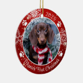 犬の初めてのクリスマススノーフレーク写真レッドホワイト セラミックオーナメント (右)
