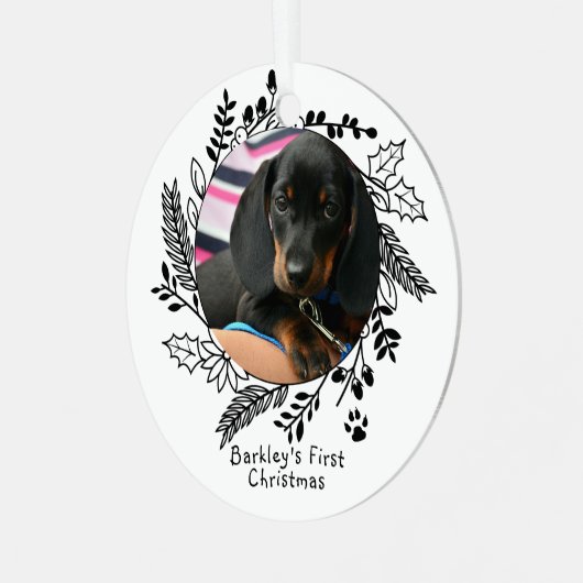 犬の初めてのクリスマスパーソナライズされた写真と名前 メタルオーナメント (正面左)