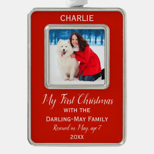 犬の初めてのクリスマスパーソナライズされた写真の保存 シルバープレートフレームオーナメント (正面)