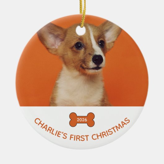 犬の初めてのクリスマス写真記念品 2026 セラミックオーナメント (正面)