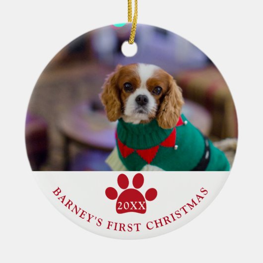 犬の初めてのクリスマス写真 セラミックオーナメント (正面)