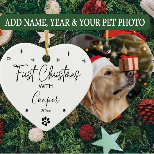 犬の初めてのクリスマス名前をカスタムすると写真 セラミックオーナメント