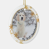 犬の初めてのクリスマス白い金ゴールド雪片の写真 セラミックオーナメント (右)