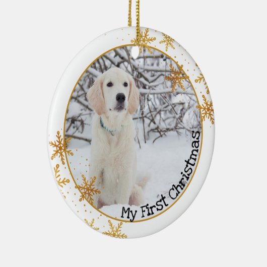 犬の初めてのクリスマス白い金ゴールド雪片の写真 セラミックオーナメント (右)