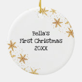 犬の初めてのクリスマス白い金ゴールド雪片の写真 セラミックオーナメント (裏面)