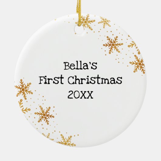 犬の初めてのクリスマス白い金ゴールド雪片の写真 セラミックオーナメント (裏面)