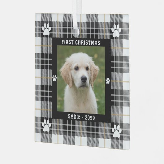 犬の初めてのクリスマス白黒タンプレイド ガラスオーナメント (正面左)