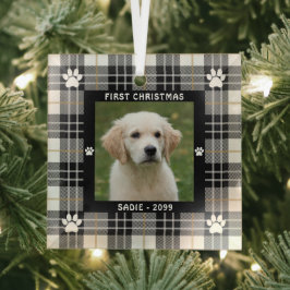 犬の初めてのクリスマス白黒タンプレイド ガラスオーナメント