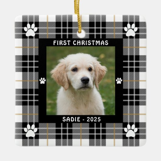 犬の初めてのクリスマス白黒タンプレイド セラミックオーナメント (正面)