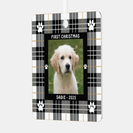 犬の初めてのクリスマス白黒タンプレイド メタルオーナメント (正面左)