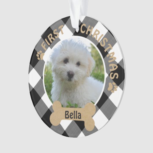 犬の初めてのクリスマス白黒バッファロープレイド オーナメント (正面)