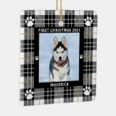 犬の初めてのクリスマス白黒プレイドポープリント セラミックオーナメント (右)