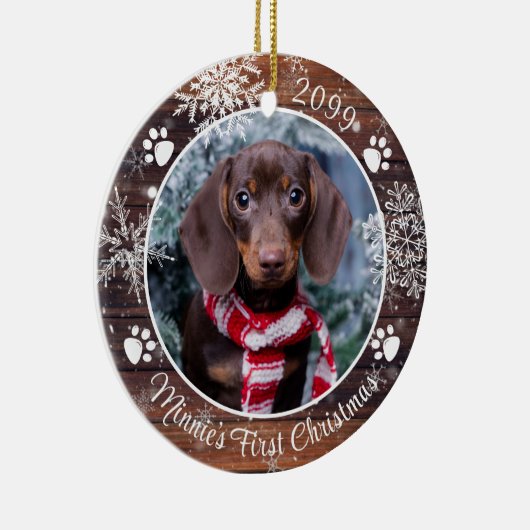 犬の初めてのクリスマス素朴ウッドスノーフレーク写真 セラミックオーナメント (右)