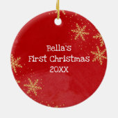 犬の初めてのクリスマス赤い金ゴールド雪片の写真 セラミックオーナメント (裏面)