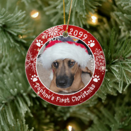 犬の初めてのクリスマス雪片2フォトレッド セラミックオーナメント