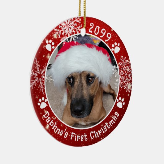 犬の初めてのクリスマス雪片2フォトレッド セラミックオーナメント (右)