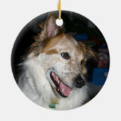 犬の初めてのクリスマス2枚の写真2面の格子模様 セラミックオーナメント (裏面)
