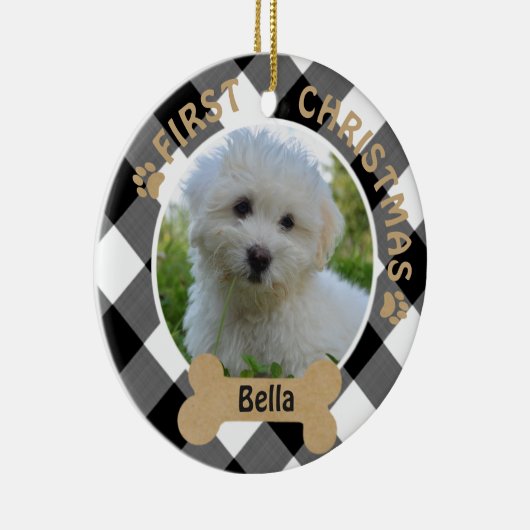 犬の初めてのクリスマス2面2フォトバッファローチェック セラミックオーナメント (右)