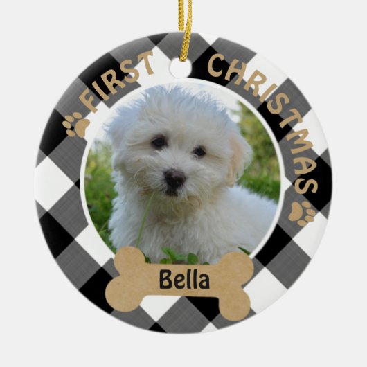 犬の初めてのクリスマス2面2フォトバッファローチェック セラミックオーナメント (正面)