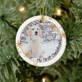 犬の初めてのクリスマス ホワイトゴールドの雪の結晶 写真 セラミックオーナメント