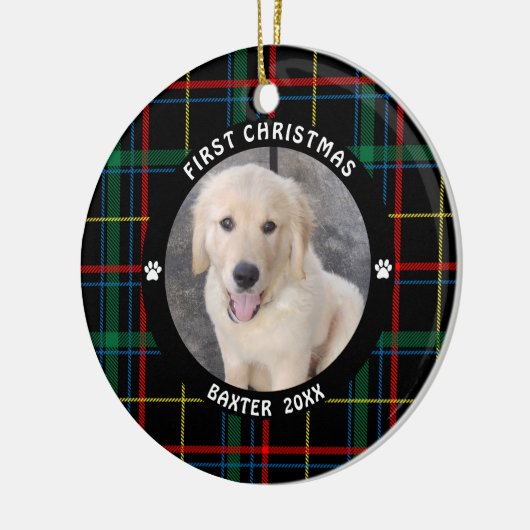 犬の初めてのクリスマスPlaidのパーソナライズされた写真 セラミックオーナメント (左)