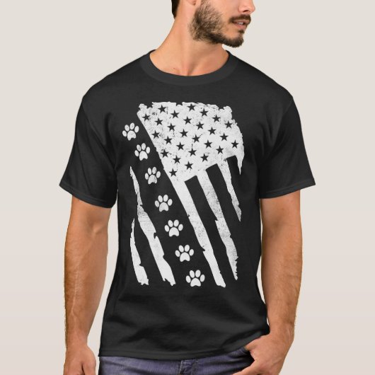 犬の前足で肉球のビンテージで米国国旗の手摺り Tシャツ (正面)