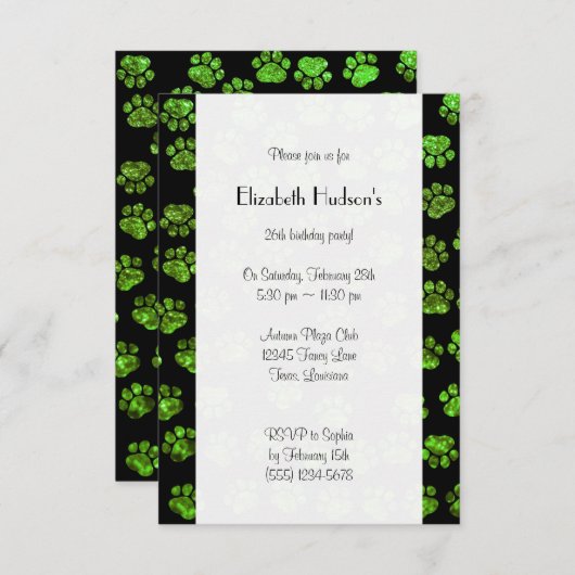 犬の前足、前足のプリント、グリッター-緑黒 招待状 (正面/裏面)