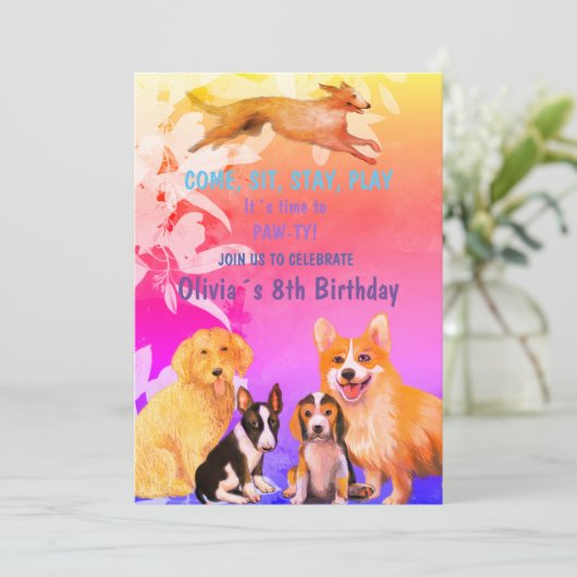 犬の友達と一緒の誕生日パーティー 招待状 (スタンド正面)