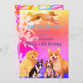 犬の友達と一緒の誕生日パーティー 招待状 (正面/裏面)