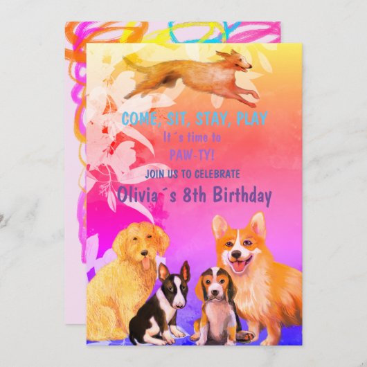 犬の友達と一緒の誕生日パーティー 招待状 (正面/裏面)