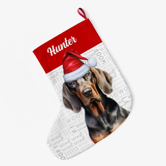 犬の名前とクリスマスブラックタン ラージクリスマスストッキング (裏面 (吊り時))