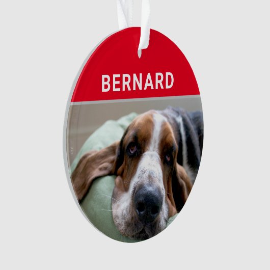 犬の名前と写真のクリスマスを持つバセットハウンド オーナメント (正面)