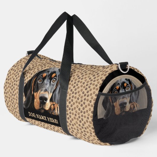 犬の名前を追加，あなたの名前，黒とタンのバインド ダッフルバッグ (右コーナー)