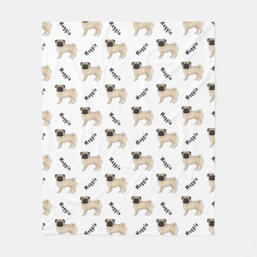 犬の名前パターン付きの子犬の漫画パグ犬 フリースブランケット (正面)