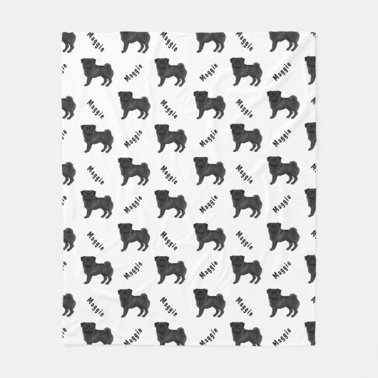 犬の名柄の黒い漫画のパグ犬 フリースブランケット (正面)