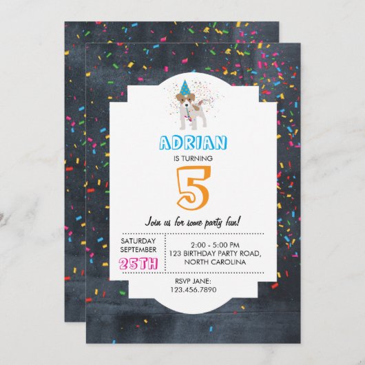 犬の子犬の動物子供の誕生日パーティー男の子 招待状 (正面/裏面)