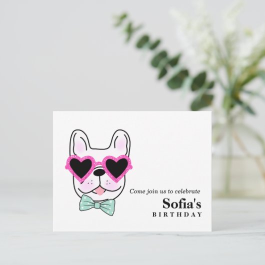 犬の子犬の誕生日はがきの招待状 インビテーションポストカード (スタンド正面)