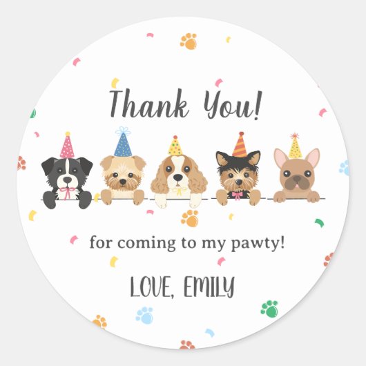 犬の子犬の誕生日パーティー ラウンドシール (正面)