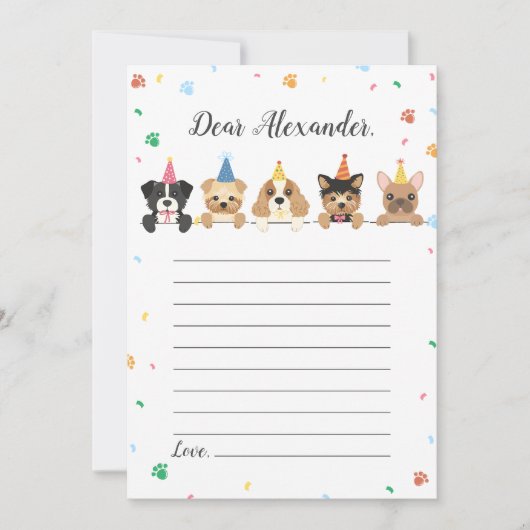 犬の子犬の誕生日時間カプセルノートメッセージカード 招待状 (正面)