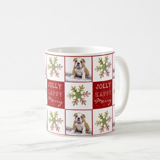 犬の子犬ペットフォトスノーフレークレッドクリスマス コーヒーマグカップ (正面右)