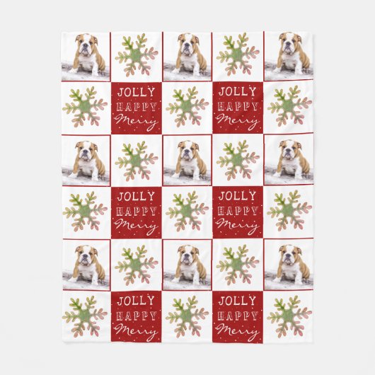 犬の子犬ペットフォトスノーフレークレッドクリスマス フリースブランケット (正面)