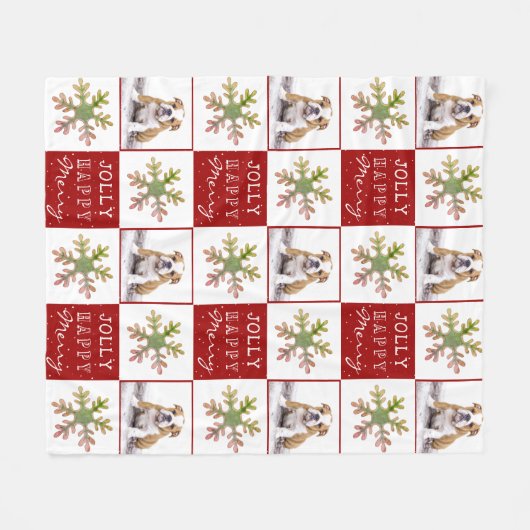 犬の子犬ペットフォトスノーフレークレッドクリスマス フリースブランケット (正面(横))