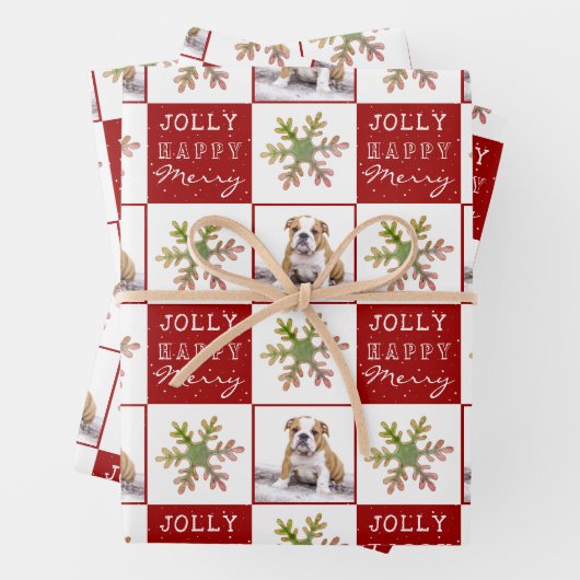 犬の子犬ペットフォトスノーフレークレッドクリスマス ラッピングペーパーシート (インサイチュ)
