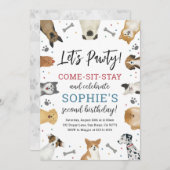 犬の子犬ペットポーティ誕生日パーティーの招待 招待状 (正面/裏面)