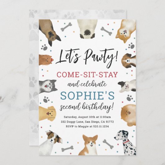 犬の子犬ペットポーティ誕生日パーティーの招待 招待状 (正面/裏面)